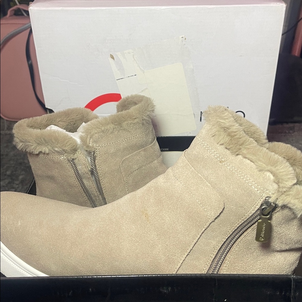 Beige Suede Ankle Boots with Fur Trim